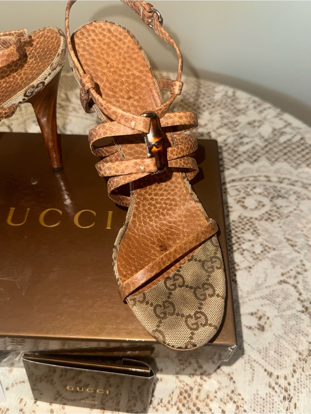Gucci Brown Leather & GG Canvas Wedge Sandals with Bamboo Accent - Picture 7 of 11